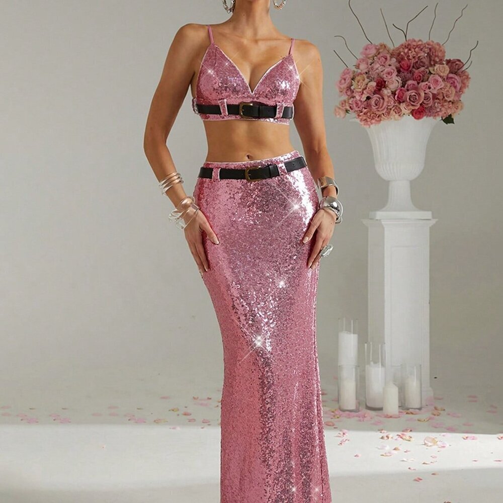 Pink Bohemian Women's Sequin Cami Top & Long Bodycon Skirt Set
